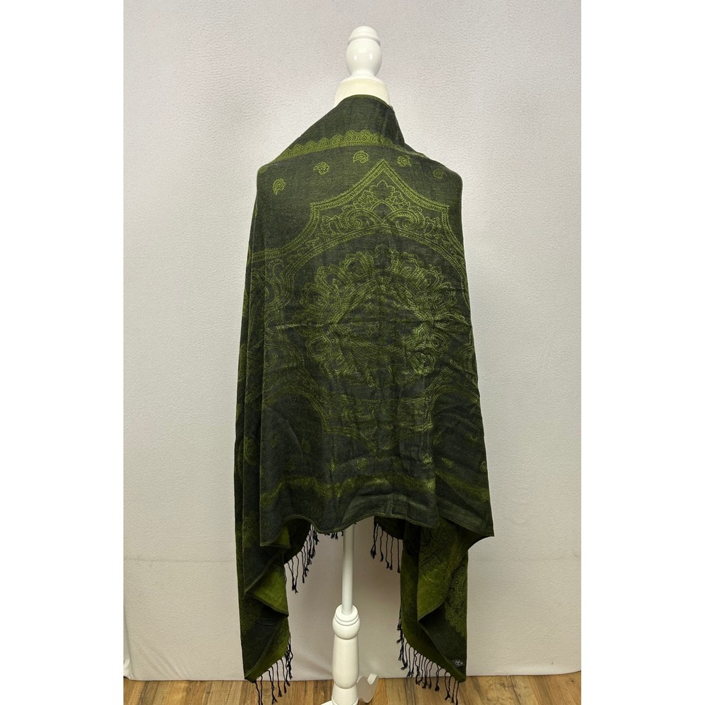 Boho Paisley Pashmina OS Olive Green Tassel Fringe Shawl Scarf